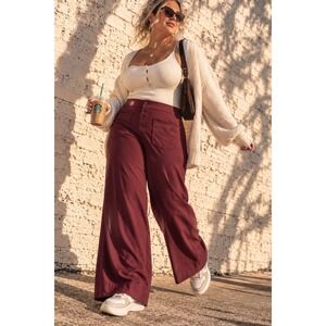 Halara‎ Burgundy Stretch Wide Leg High Waisted Multi Pocket Pants XL